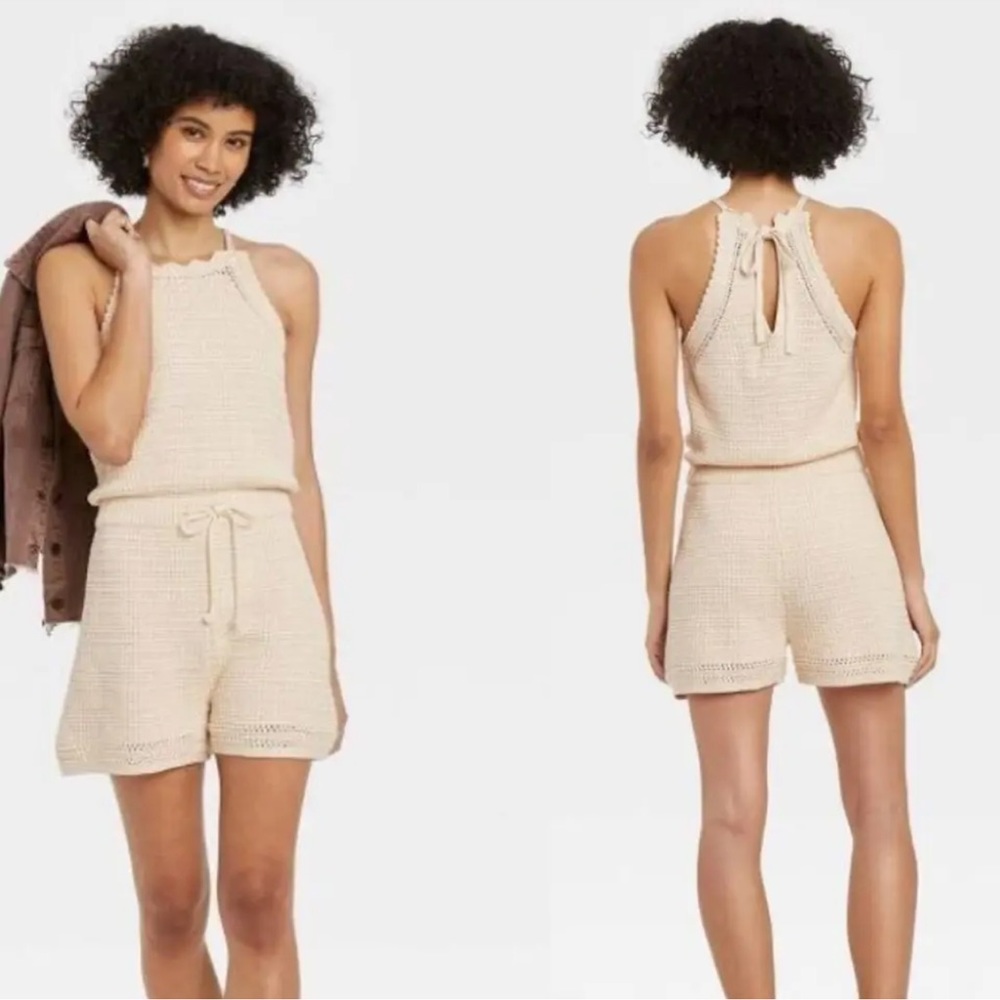 NWT Universal Thread Cream Crochet Coastal Halter Boho Romper